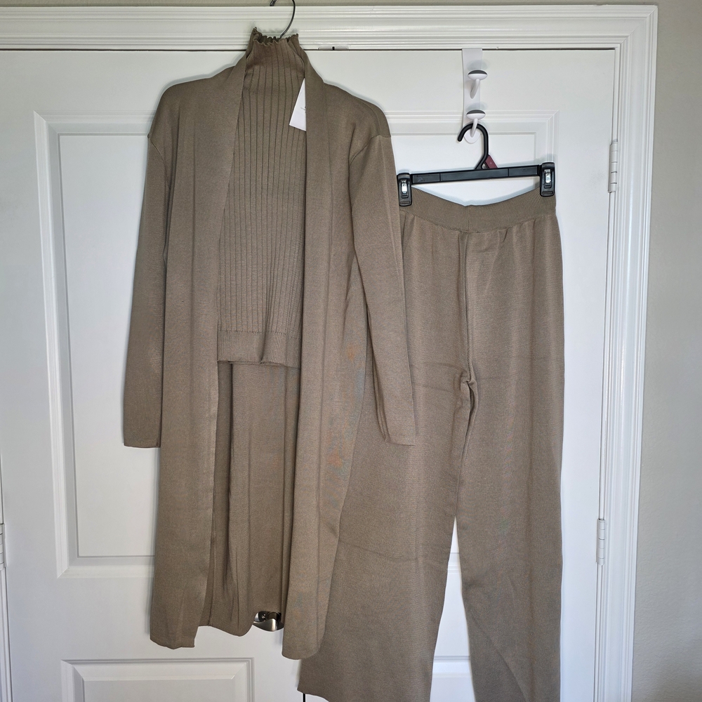 Women’s Taupe Knit Cardigan Set - Sweater, Top & Pants